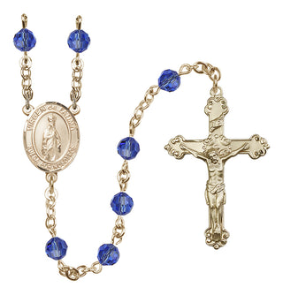 14 Karat Gold-Filled 6mm Austrian Crystal Virgen del Fatima Rosary in Sapphire