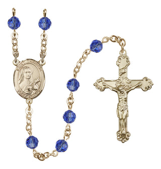 14 Karat Gold-Filled 6mm Austrian Crystal Saint Therese of Lisieux Rosary in Sapphire