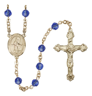 14 Karat Gold-Filled 6mm Austrian Crystal Saint Isidore the Farmer Rosary in Sapphire