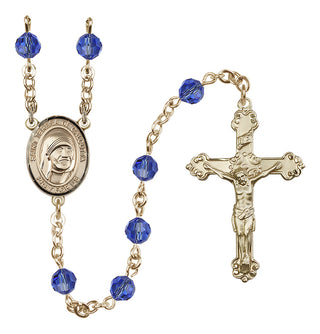 14 Karat Gold-Filled 6mm Austrian Crystal Saint Teresa of Calcutta Rosary in Sapphire