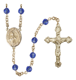 14 Karat Gold-Filled 6mm Austrian Crystal Saint Anthony Mary Claret Rosary in Sapphire