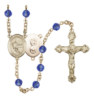 14 Karat Gold-Filled 6mm Austrian Crystal Saint Christopher/Hockey Rosary in Sapphire