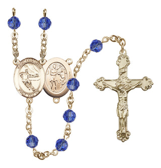 14 Karat Gold-Filled 6mm Austrian Crystal Saint Sebastian / Hockey Rosary in Sapphire