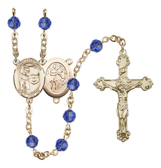 14 Karat Gold-Filled 6mm Austrian Crystal Saint Sebastian / Golf Rosary in Sapphire