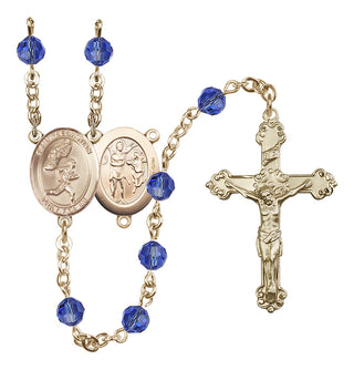 14 Karat Gold-Filled 6mm Austrian Crystal Saint Sebastian /Track&Field-Men Rosary in Sapphire