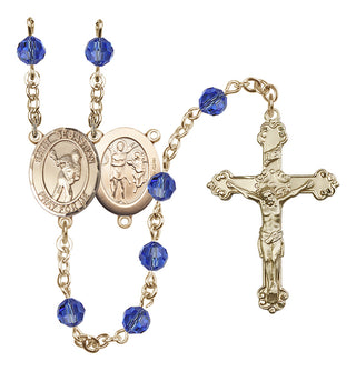 14 Karat Gold-Filled 6mm Austrian Crystal Saint Sebastian/Lacrosse Rosary in Sapphire