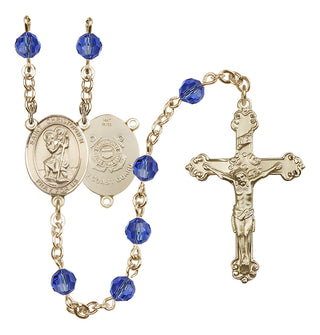 14 Karat Gold 6mm Austrian Crystal Saint Christopher / Coast Guard Rosary in Sapphire