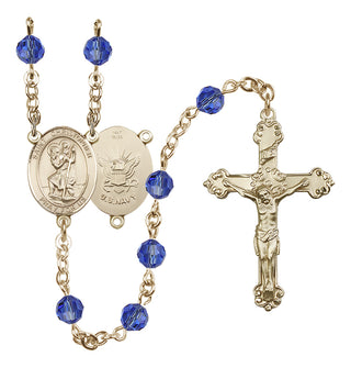 14 Karat Gold 6mm Austrian Crystal Saint Christopher / Navy Rosary in Sapphire