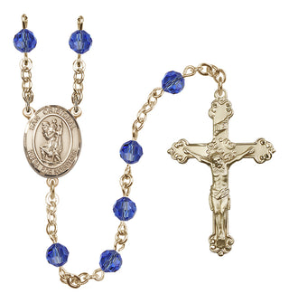 14 Karat Gold 6mm Austrian Crystal San Cristobal Rosary in Sapphire
