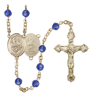 14 Karat Gold 6mm Austrian Crystal Saint George / Air Force Rosary in Sapphire