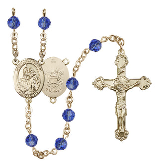 14 Karat Gold 6mm Austrian Crystal Saint Joan of Arc / Navy Rosary in Sapphire