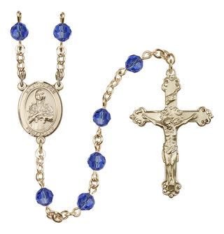 14 Karat Gold 6mm Austrian Crystal Saint Kateri Tekakwitha Rosary in Sapphire