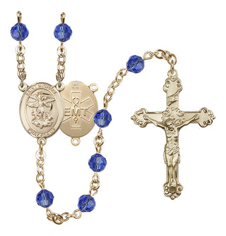 14 Karat Gold 6mm Austrian Crystal Saint Michael / EMT Rosary in Sapphire
