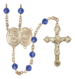 14 Karat Gold 6mm Austrian Crystal Saint Michael the Archangel/Policeman Rosary in Sapphire