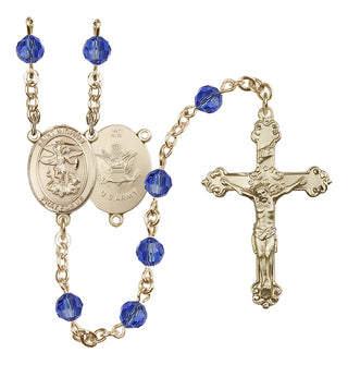 14 Karat Gold 6mm Austrian Crystal Saint Michael / Army Rosary in Sapphire