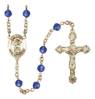 14 Karat Gold 6mm Austrian Crystal San Miguel Arcangel Rosary in Sapphire