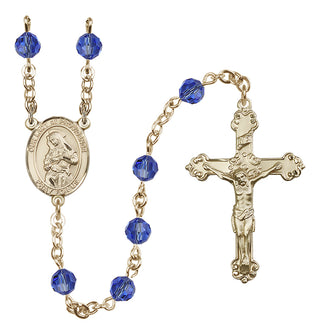 14 Karat Gold 6mm Austrian Crystal Our Lady of Providence Rosary in Sapphire