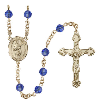 14 Karat Gold 6mm Austrian Crystal Saint Scholastica Rosary in Sapphire