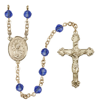 14 Karat Gold 6mm Austrian Crystal Our Lady of la Vang Rosary in Sapphire