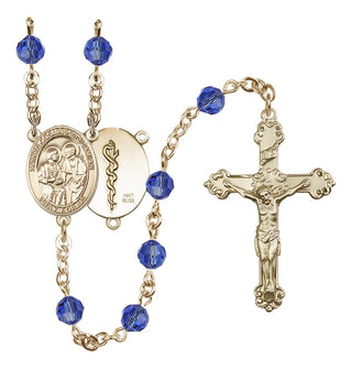 14 Karat Gold 6mm Austrian Crystal Saints Cosmas & Damian / Doctors Rosary in Sapphire