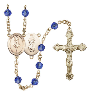 14 Karat Gold 6mm Austrian Crystal Saint Christopher/Dance Rosary in Sapphire