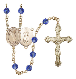 14 Karat Gold 6mm Austrian Crystal Saint Christopher/Golf Rosary in Sapphire