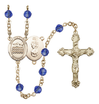 14 Karat Gold 6mm Austrian Crystal Saint Christopher/Swimming Rosary in Sapphire