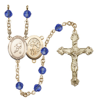 14 Karat Gold 6mm Austrian Crystal Saint Sebastian/Soccer Rosary in Sapphire