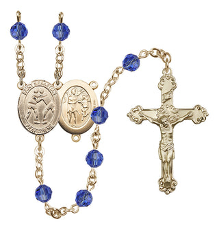 14 Karat Gold 6mm Austrian Crystal Saint Sebastian/Wrestling Rosary in Sapphire