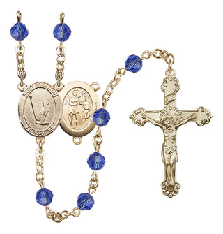 14 Karat Gold 6mm Austrian Crystal Saint Sebastian/Gymnastics Rosary in Sapphire