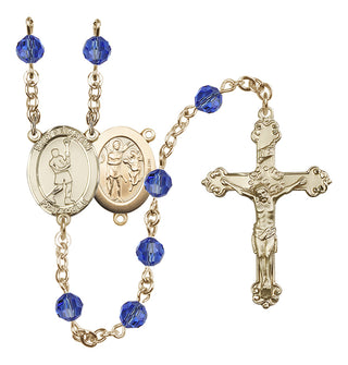 14 Karat Gold 6mm Austrian Crystal Saint Sebastian/Lacrosse Rosary in Sapphire