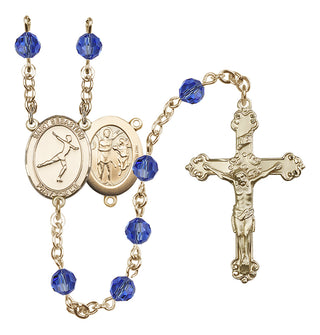 14 Karat Gold 6mm Austrian Crystal Saint Sebastian/Figure Skating Rosary in Sapphire