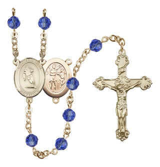 14 Karat Gold 6mm Austrian Crystal Saint Sebastian / Rugby Rosary in Sapphire