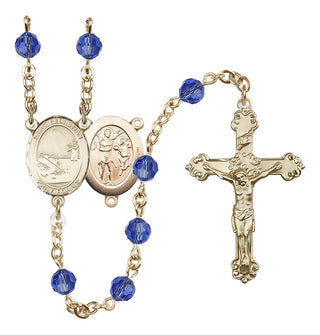 14 Karat Gold 6mm Austrian Crystal Saint Sebastian / Fishing Rosary in Sapphire