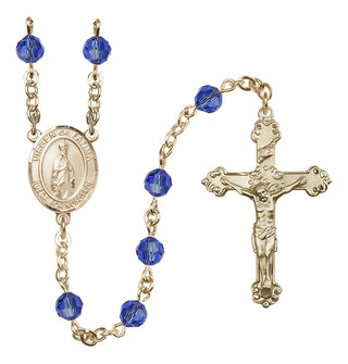 14 Karat Gold 6mm Austrian Crystal Virgen del Fatima Rosary in Sapphire