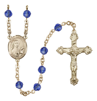 14 Karat Gold 6mm Austrian Crystal Saint Therese of Lisieux Rosary in Sapphire