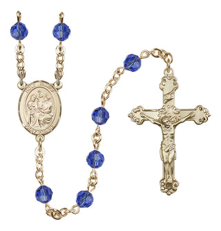 14 Karat Gold 6mm Austrian Crystal Holy Family Rosary in Sapphire