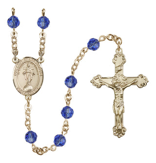 14 Karat Gold 6mm Austrian Crystal Our Lady of All Nations Rosary in Sapphire