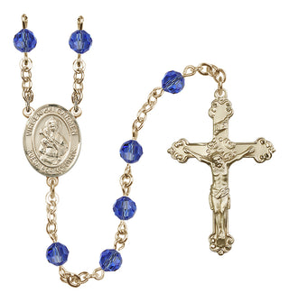 14 Karat Gold 6mm Austrian Crystal Virgen del Carmen Rosary in Sapphire