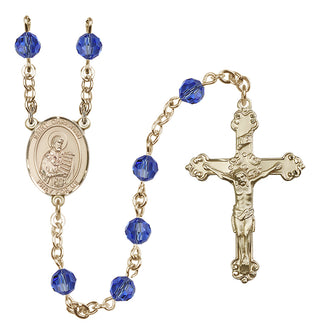 14 Karat Gold 6mm Austrian Crystal Saint Christian Demosthenes Rosary in Sapphire