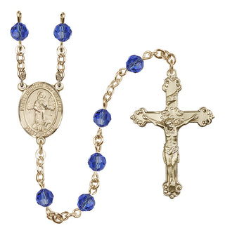 14 Karat Gold 6mm Austrian Crystal Saint Isidore the Farmer Rosary in Sapphire
