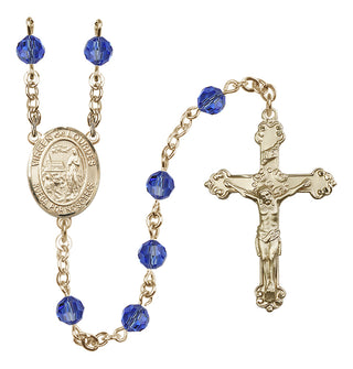 14 Karat Gold 6mm Austrian Crystal Virgen del Lourdes Rosary in Sapphire