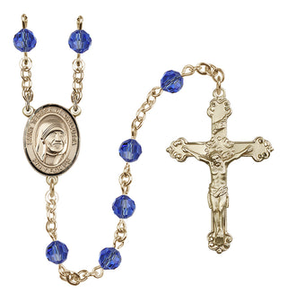 14 Karat Gold 6mm Austrian Crystal Saint Teresa of Calcutta Rosary in Sapphire