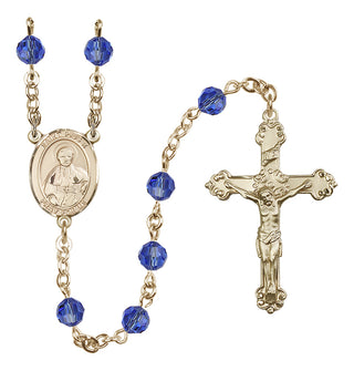 14 Karat Gold 6mm Austrian Crystal Saint Pius X Rosary in Sapphire