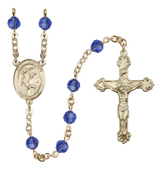 14 Karat Gold 6mm Austrian Crystal Saint Dunstan Rosary in Sapphire
