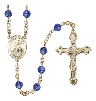 14 Karat Gold 6mm Austrian Crystal Saint Honorius of Amiens Rosary in Sapphire
