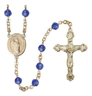14 Karat Gold 6mm Austrian Crystal Saint Columbkille Rosary in Sapphire