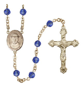 14 Karat Gold 6mm Austrian Crystal Saint Damien of Molokai Rosary in Sapphire