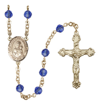 14 Karat Gold 6mm Austrian Crystal Our Lady of Czestochowa Rosary in Sapphire