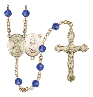 14 Karat Gold 6mm Austrian Crystal Saint Christopher/Swimming Rosary in Sapphire